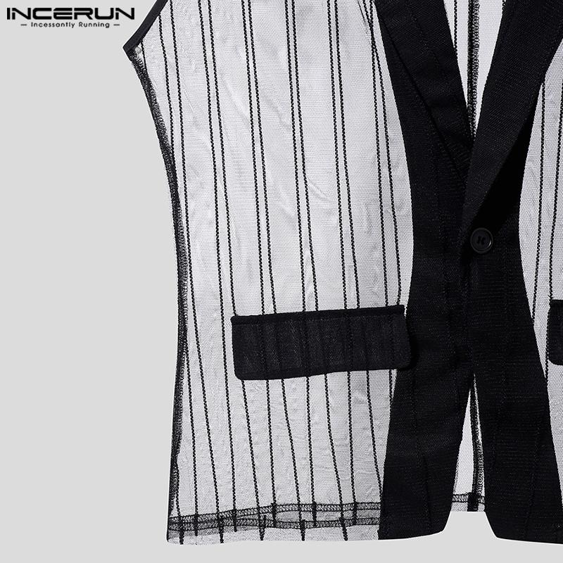 INCERUN Men Lapel Neck Sleeveless See Through Mesh Transparent Striped Blazer Tops