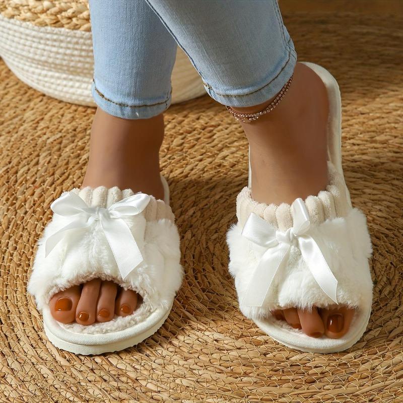 Теплые тапочки с бантовым декором, повседневные плюшевые туфли с открытым носком, удобные домашние тапочки