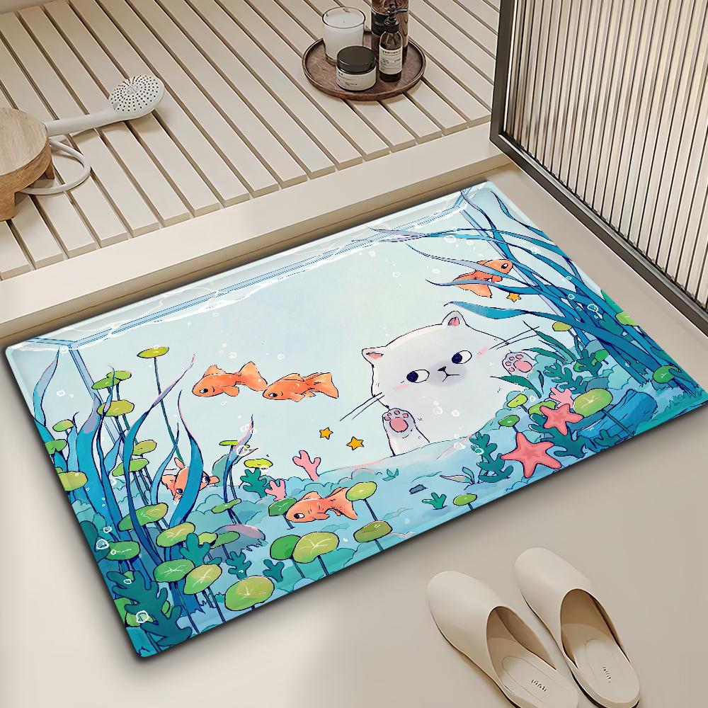 Fish Cat Cute Kawaii Door Mat Bath Microfiber Decorative Versatile Flannel Floor Mat Quick Dry Absorbent Non-slip Sole