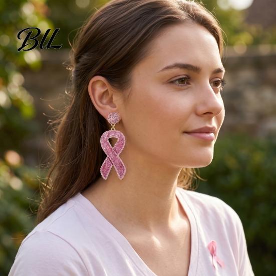 Dangle Earrings for Women 1 Pair Breast Cancer Women, Glitter Rhinestone Stylish Shiny Ear Ornaments Ribbon Drop Earrings, Awareness Jewelry