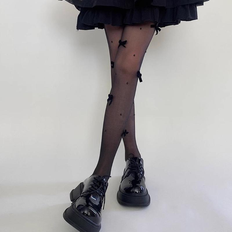 Прозрачные колготки для женщин Лолиты Банты Жемчуг Колготки Контролирующий верх Чулки до бедра Шелковые тонкие чулки Колготки Чулночно-носочные изделия