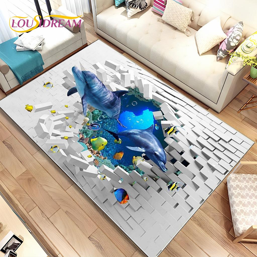 3D иллюзия морского дна, подводный мир, коврик с дельфином и акулой, коврик для гостиной, спальни, дивана, коврик, нескользящий напольный коврик
