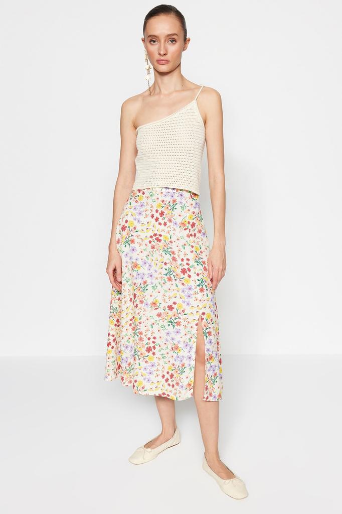 Women's Fashion Purple Printed High Waist Midi Stretchy Knitted Skirt with Gather Detail and Flounce