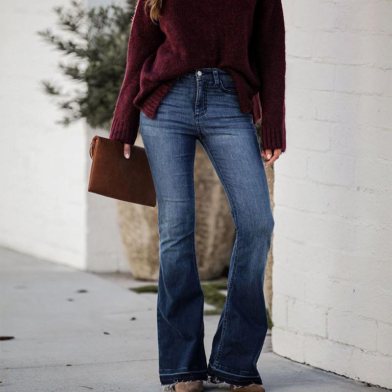 Весенне-осенне-летние женские джинсы, модные брюки, узкие эластичные расклешенные брюки с необработанными краями