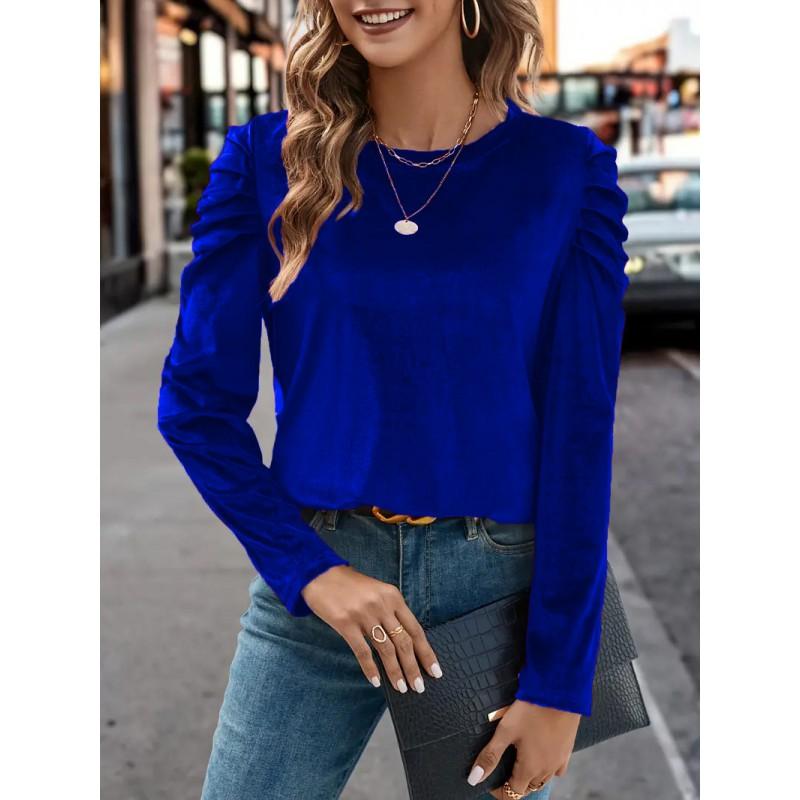 Womens Winter Stretch Velvet Casual Round Neck Fitted Puff Sleeve Long Top