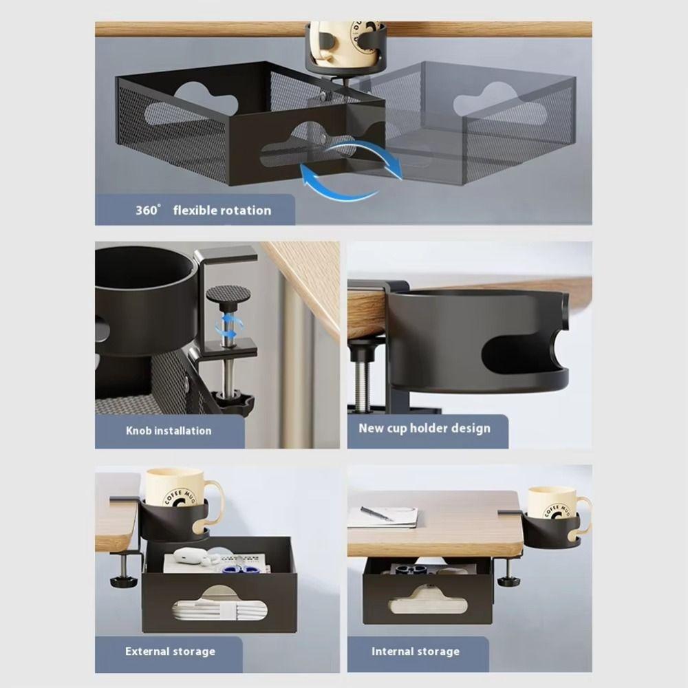 360 Degree Rotating Under Desk Storage Rack No Drill Carbon Steel Desktop Stationery Shelf Multifunctional with Cup Holder