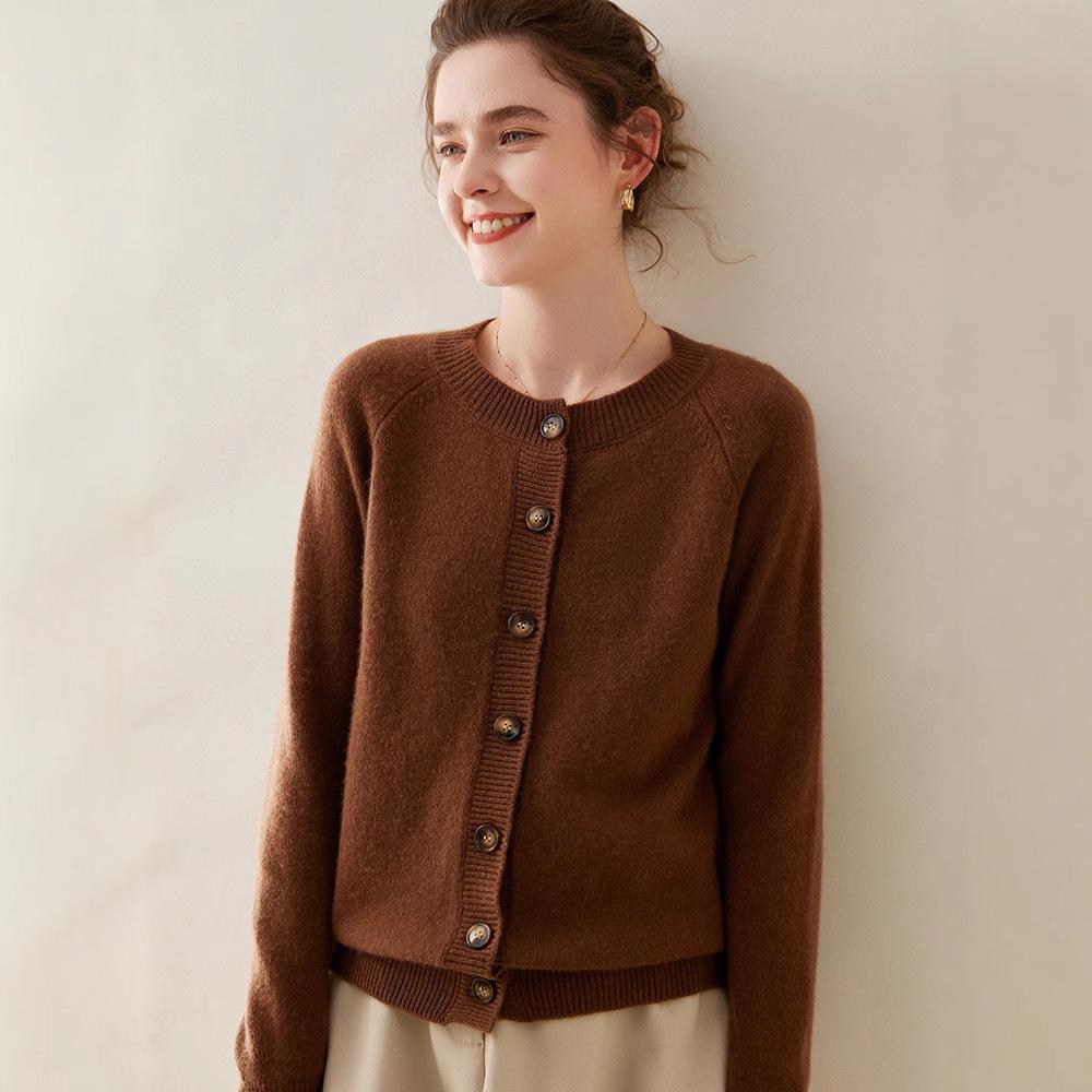 Women's Long Sleeve Korean Style Cashmere Cardigan - Thick Crew Neck, Loose Fit, Slimming Raglan Sweater