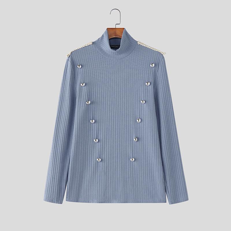 INCERUN Весенние мужские футболки с высоким воротом, длинным рукавом, декоративными пуговицами, приталенные, топы, майки