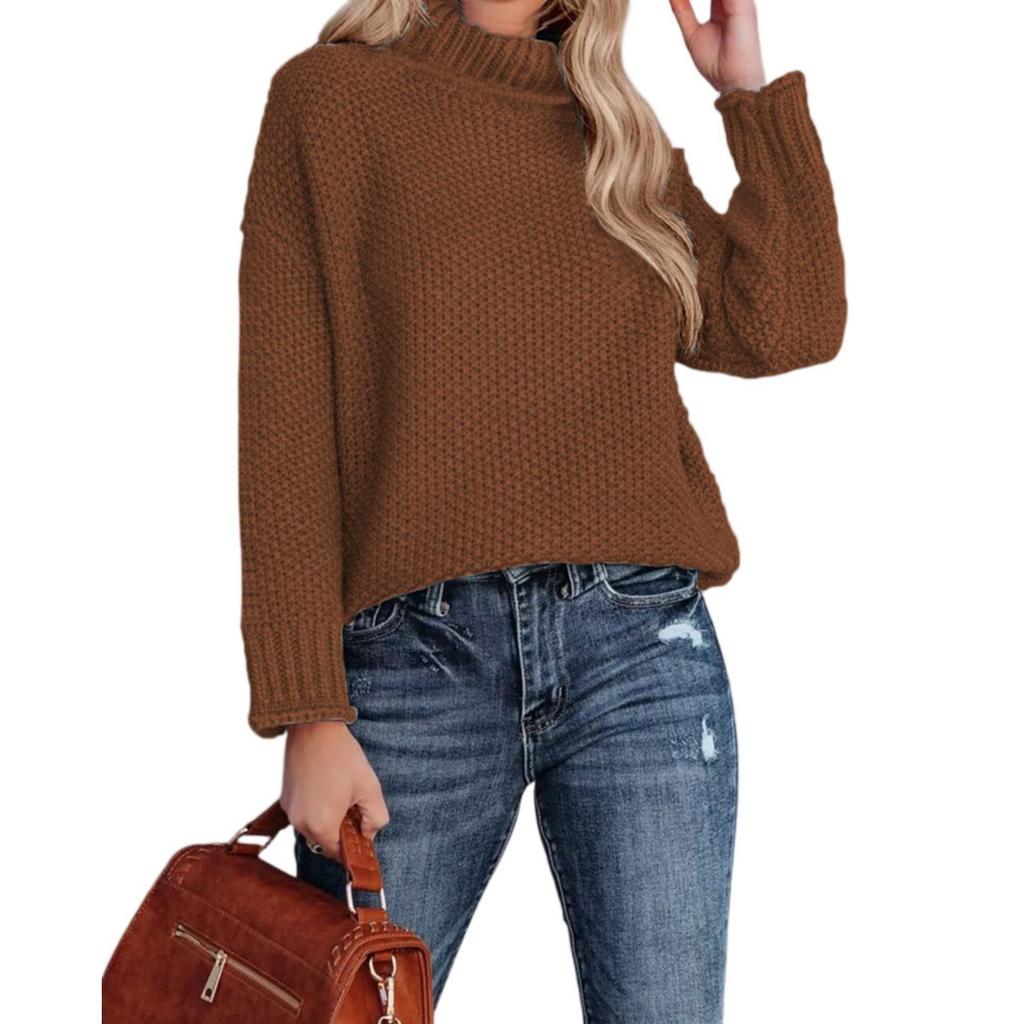 Модный женский вязаный свитер с высоким воротником, длинными рукавами и подвернутым краем