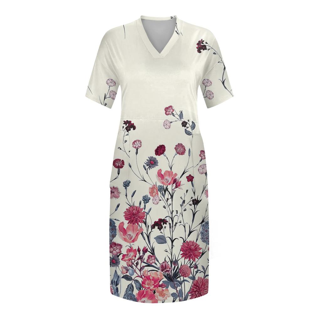 Лето плюс размер V-образным вырезом с коротким рукавом и карманом до колена с градиентным принтом повседневное платье для женщин