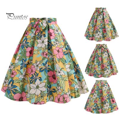 Женская юбка-миди с высокой талией, декором бантом, большая юбка по подолу с застежкой-молнией, плиссированная юбка в стиле ретро с цветочным принтом, юбка до середины икры
