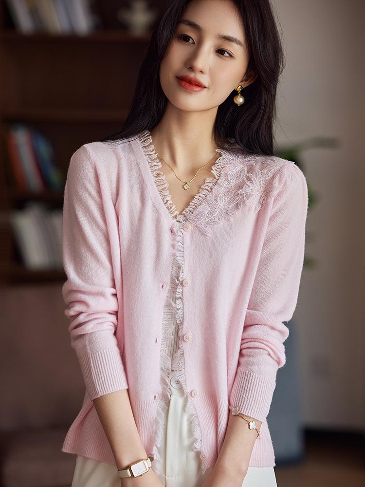 100 Wool Women'S Knitted Cardigan V-Neck Jacket Autumn And Winter New Handmade Crochet Classic Solid Color Versatile Model