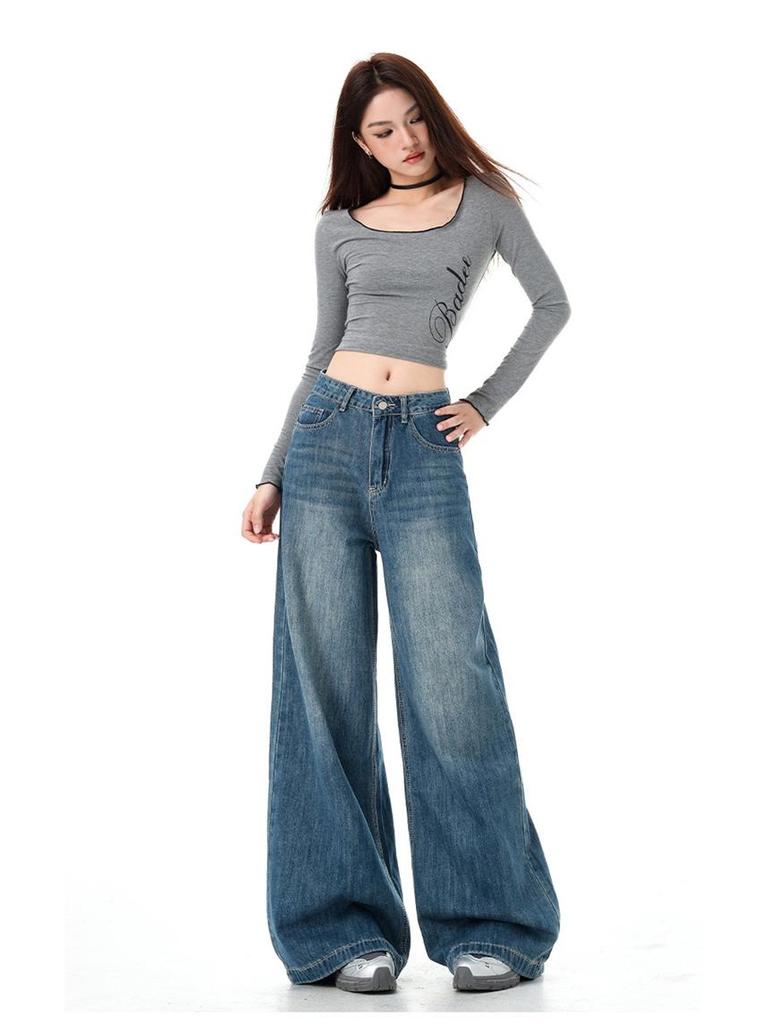 Женские винтажные джинсы с высокой посадкой и широкими штанинами - Не облегающие, свободного кроя для весны и осени