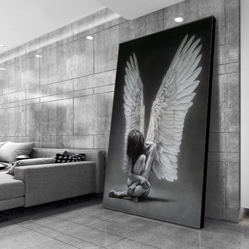 Черно-белый постер с крыльями ангела и гравюра для девочки-ангела, настенное искусство, современное украшение для дома