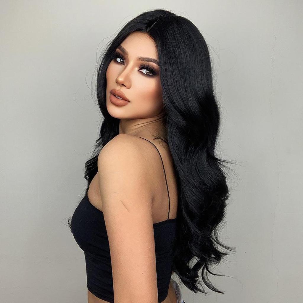 Women's 66cm Hair Black Long Curly Hair T-shaped Front Lace Rose Hair Net Headwear Pure Hand Woven Lace Wigs Kanekalon Wig