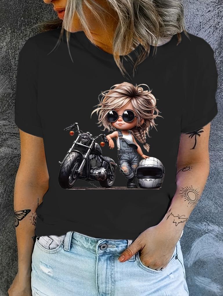Retro Motorcycle Graphic T-Shirt for Women Elegant Cute Design Pink Woman Short Sleeve Print Tee Summer Round Neck Casual Tops