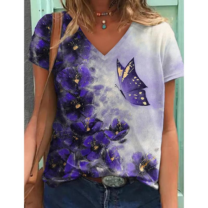 Летняя мода Цветочные бабочки 3D принт футболка женская уличная одежда повседневные футболки Y2k топы женские футболки с V-образным вырезом свободные размеры одежда