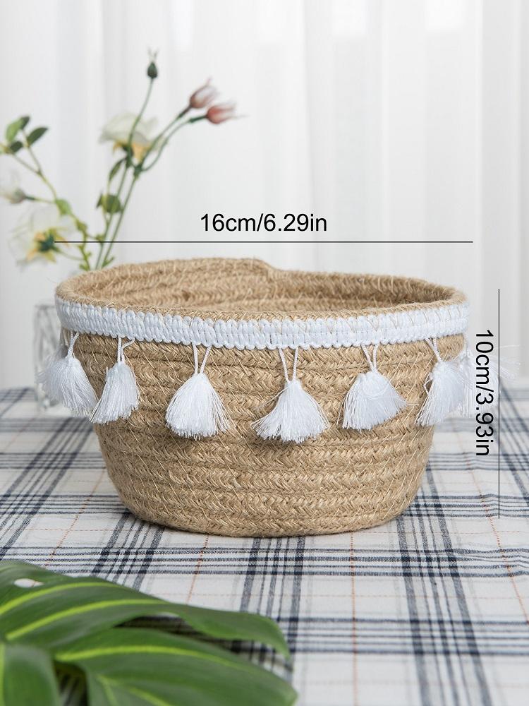 Vintage Jute Woven Storage Basket Nordic Home Cotton Thread Tassel Sorting Box Weaved Organizing Bin for Living Room Decor
