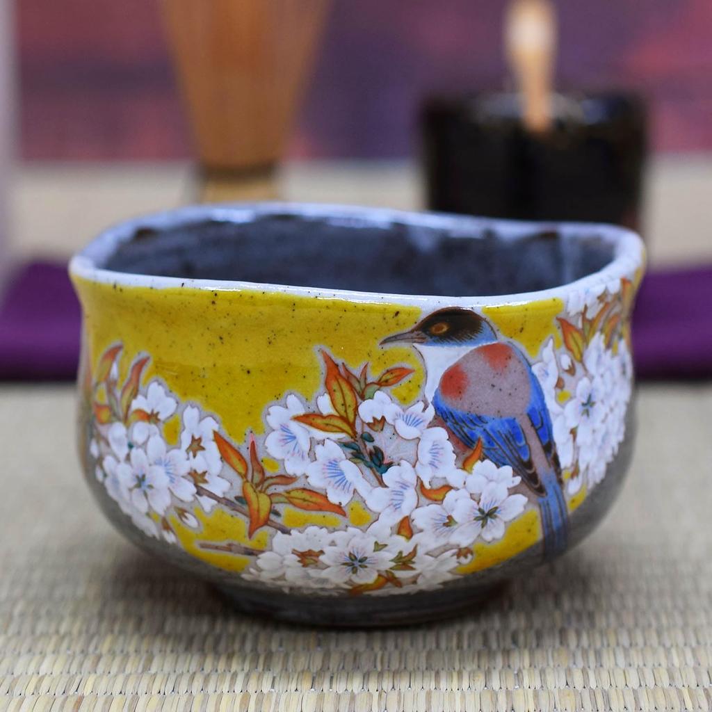 Waza no Kura Stylish Ceramic Kutani Ware Matcha Bowl with Yoshidaya Mountain Cherry Blossom and Bird Design, Premium Brand, Tea Ceremony Utensils,