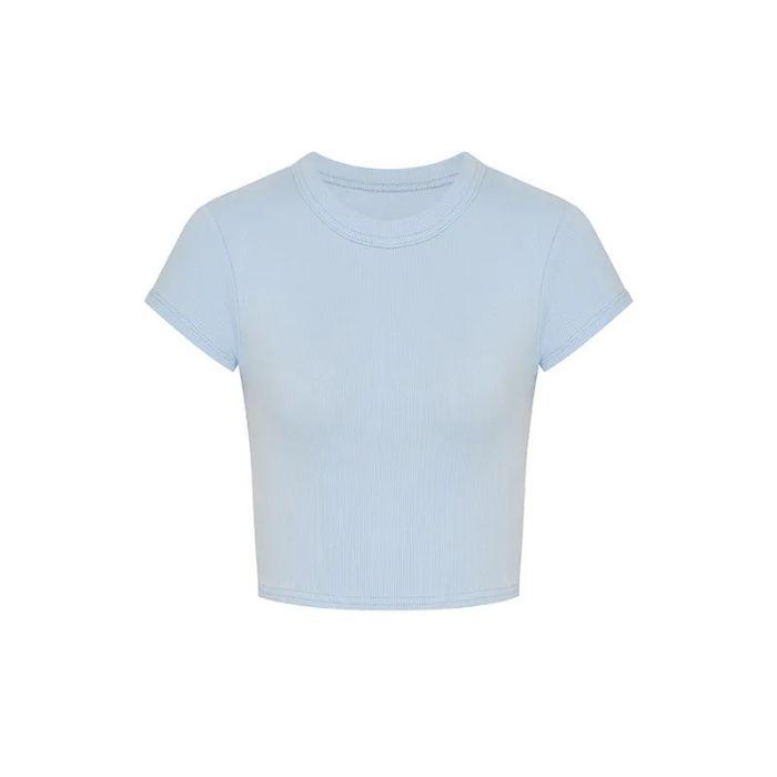 Острый укороченный топ с круглым вырезом и короткими рукавами American Girl - Облегающий крой, Шикарная высокая талия, Летний стиль