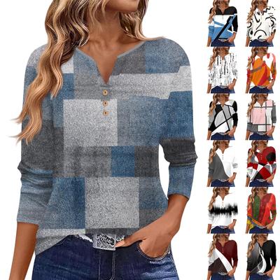 Женская футболка с длинным рукавом на пуговицах, повседневная, выходного дня, модная, базовая, с V-образным вырезом, обычная, с карманом