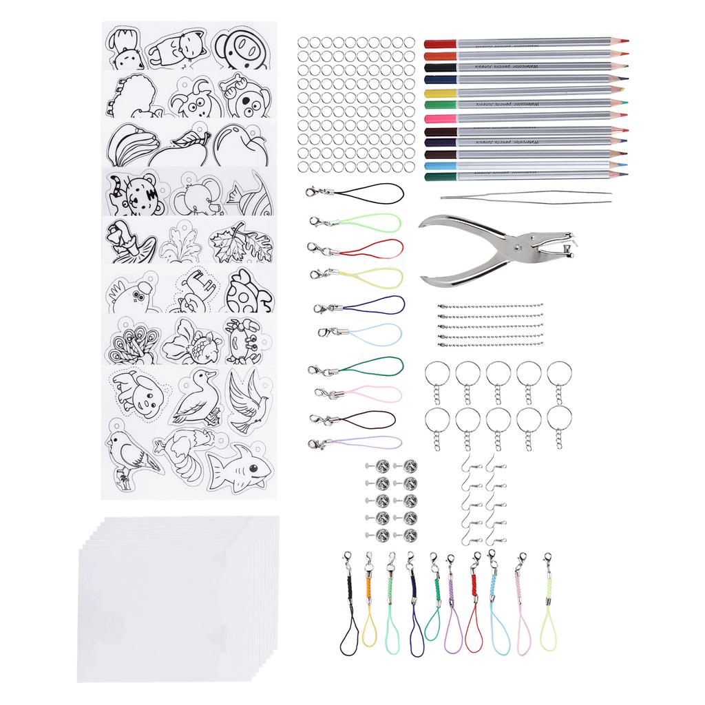 Heat Shrink Sheet Set Complete Shrink Plastic Sheet Kit with Colored Pencils for Key Chains Jewelry Toys Making Gift