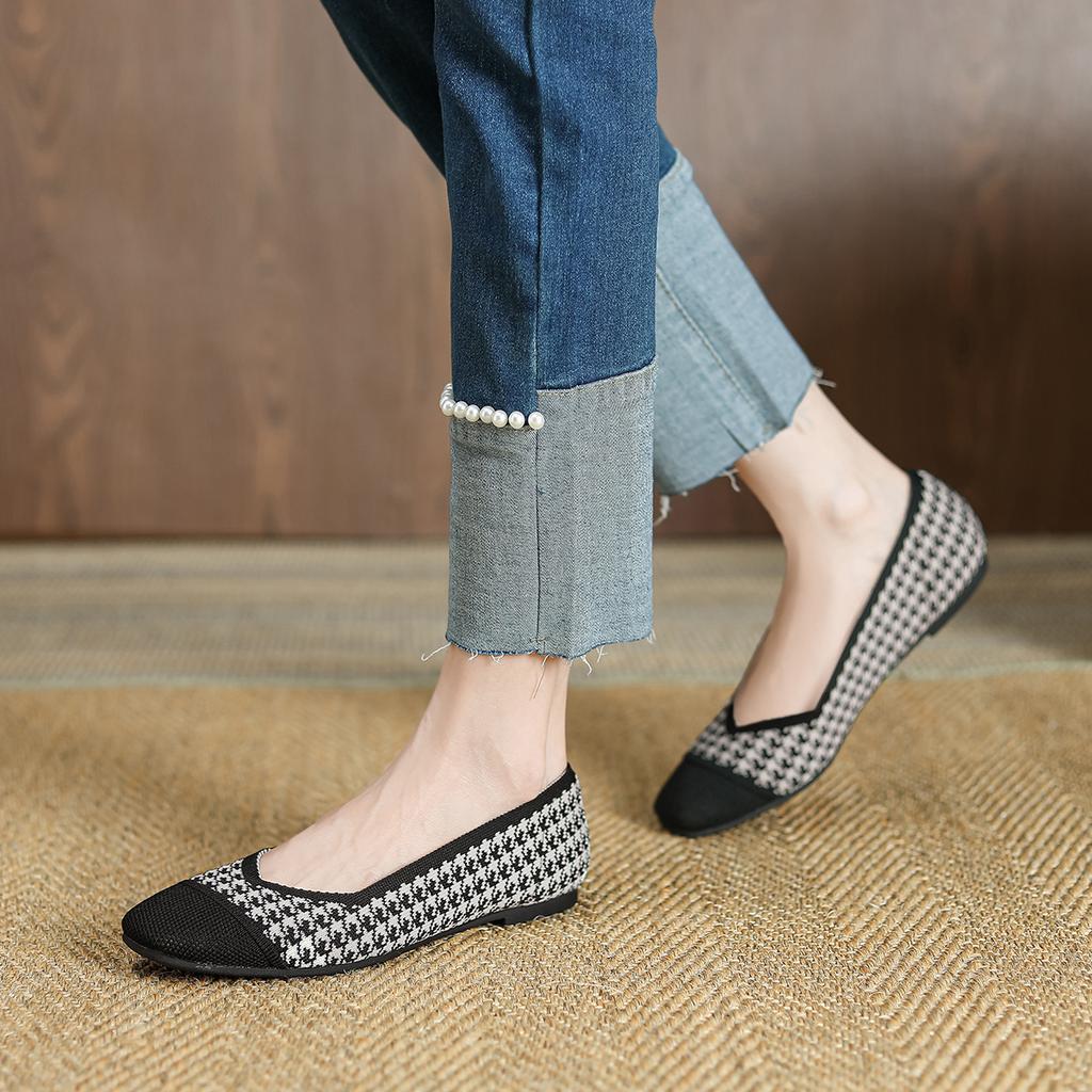 Shoes Single Shoes Women'S Flying Shoes Woven Shoes Square Head Flat Bottom Knitted Large Size Shoes Egg Roll Shoes