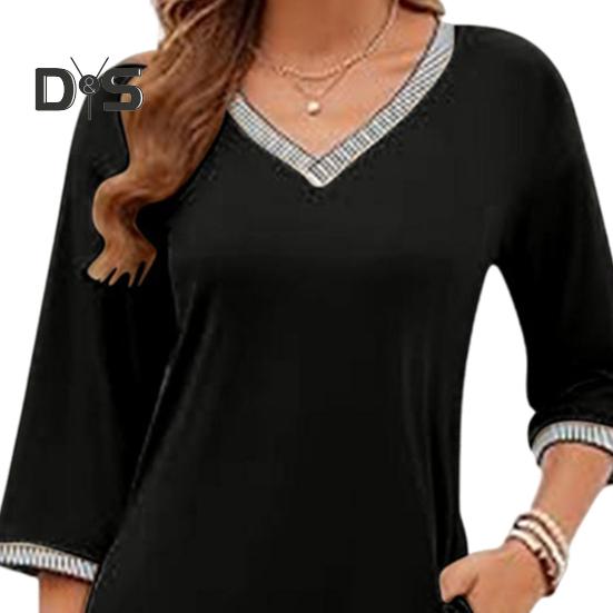 Women Maxi Dress with Side Pockets V Neck 3/4 Sleeves Loose Slit Hem Solid Color Patchwork Solid Color Loose Pullover Beach Dress