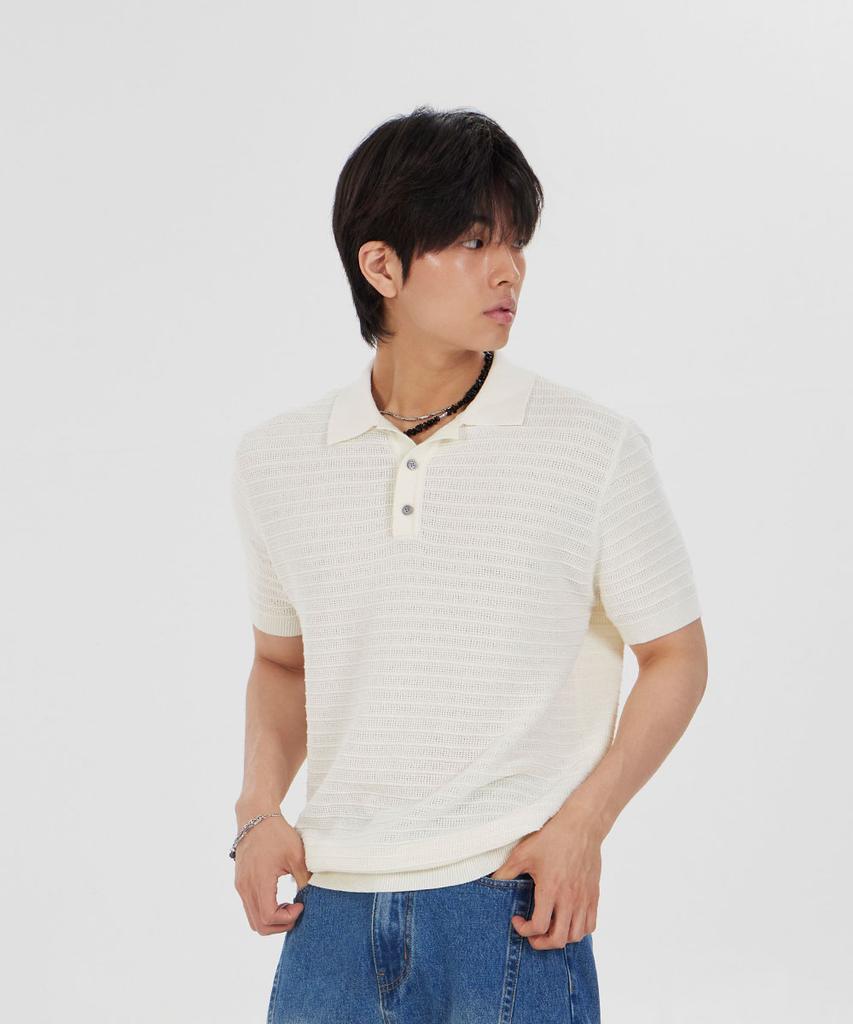 MAKEITTO Striped Texture Collar Knit Short Sleeve T-Shirt_Ivory