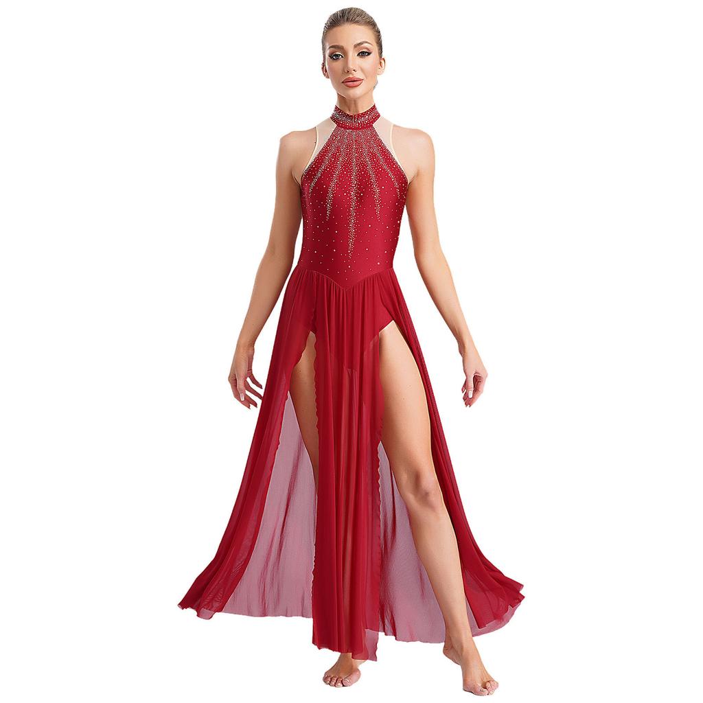 Ladies Sparkling Rhinestone Dance Gown Sleeveless Keyhole Back Split Skirt Lyrical Performance Dress