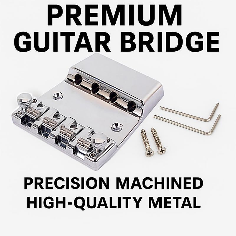 Ogdni Fixed Bass Guitar Bridge with Tool Hardtail Saddle Bridge for Bass Guitar Chrome 4-String Set, Parts,