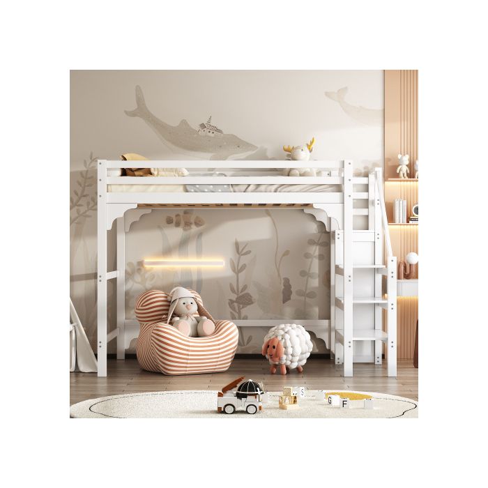 Lit superposé - MUVOE - 140x200cm - Bois massif - Escalier de rangement - Armoire intégrée