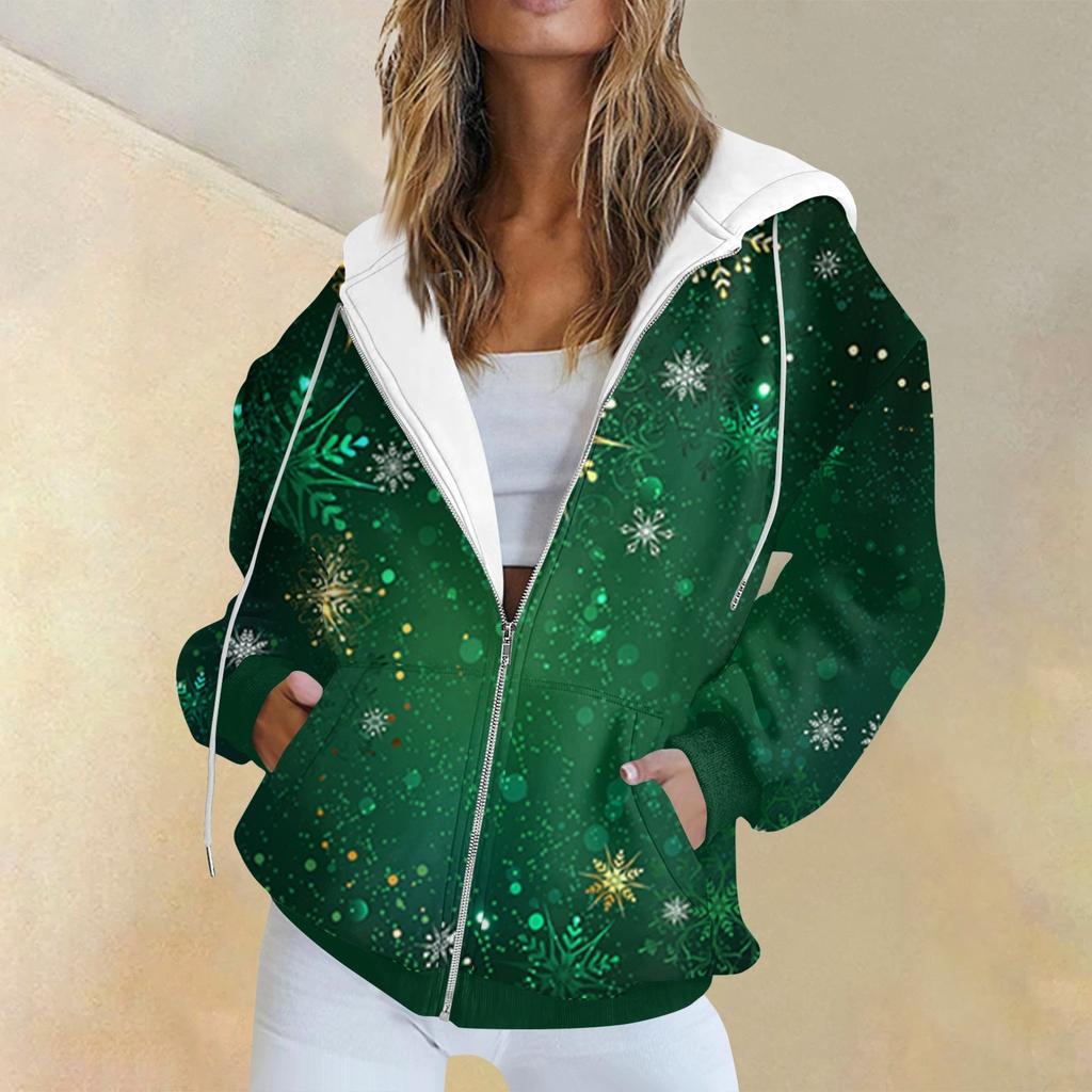 Women's Fashion Casual Christmas Print Long Sleeve Sweatshirt Pocket Jacket Zipper Hoodie Coat