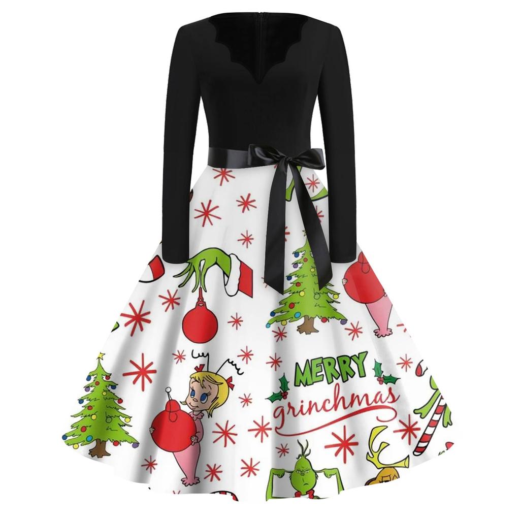 Женское модное платье с V-образным вырезом, повседневное, приталенное, с рождественским принтом, с длинным рукавом