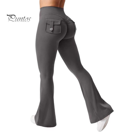 Женские штаны для йоги, однотонные облегающие расклешенные брюки с карманами, тонкие эластичные брюки в стиле карго, сексуальные длинные брюки с рюшами