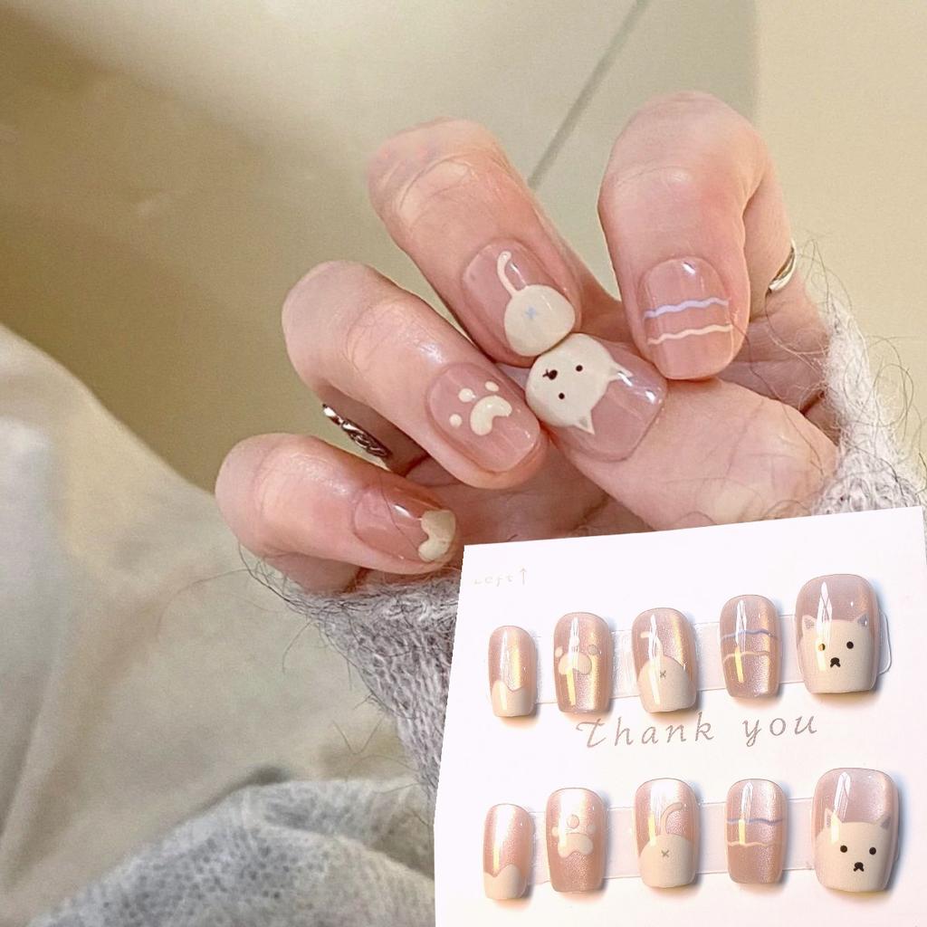 10Pcs Cute Pink Cartoon Dog Cat Eye Short Square Handmade Reusable Press On Nails