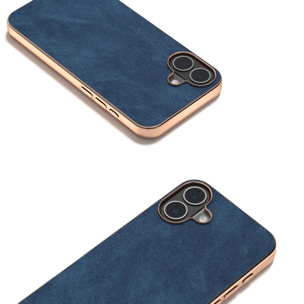 For iPhone 16 Case Electroplating PC Leather Shockproof Back Cover - Blue