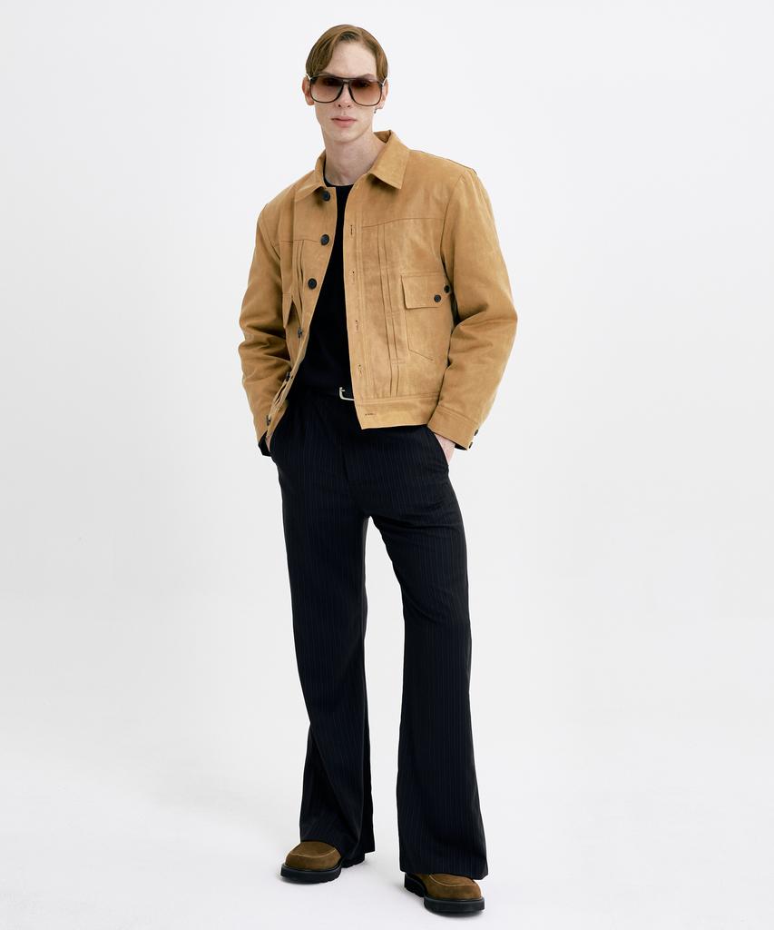 WUNDER GEIST Pleated Faux Leather Suede Camel Jacket