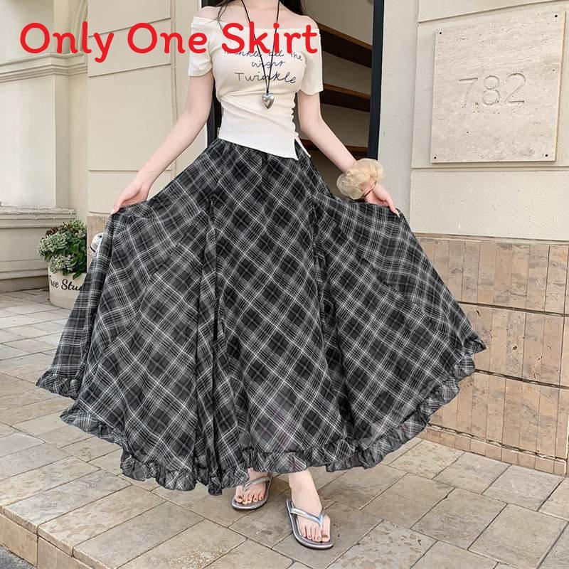 Long Vintage Check Plaid Chiffon Skirt With Asymmetric Hem For Summer Casual Women