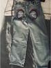 RogueWave Y2k Gothic Heavy Industry Pocket Skull Вышитые джинсы средней посадки для мужчин и женщин Harajuku Streetwear Punk Casual Wide Leg Washed Jeans