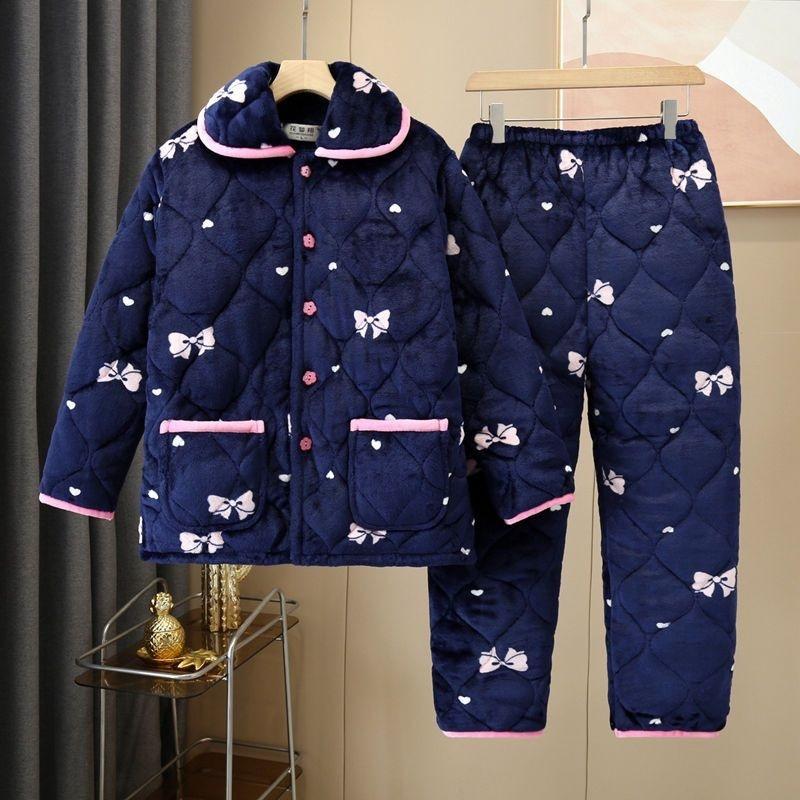 Утепленная пижама женская зимняя трехслойная коралловый флис с хлопковой подкладкой можно носить на улице, плюс милый комплект для дома