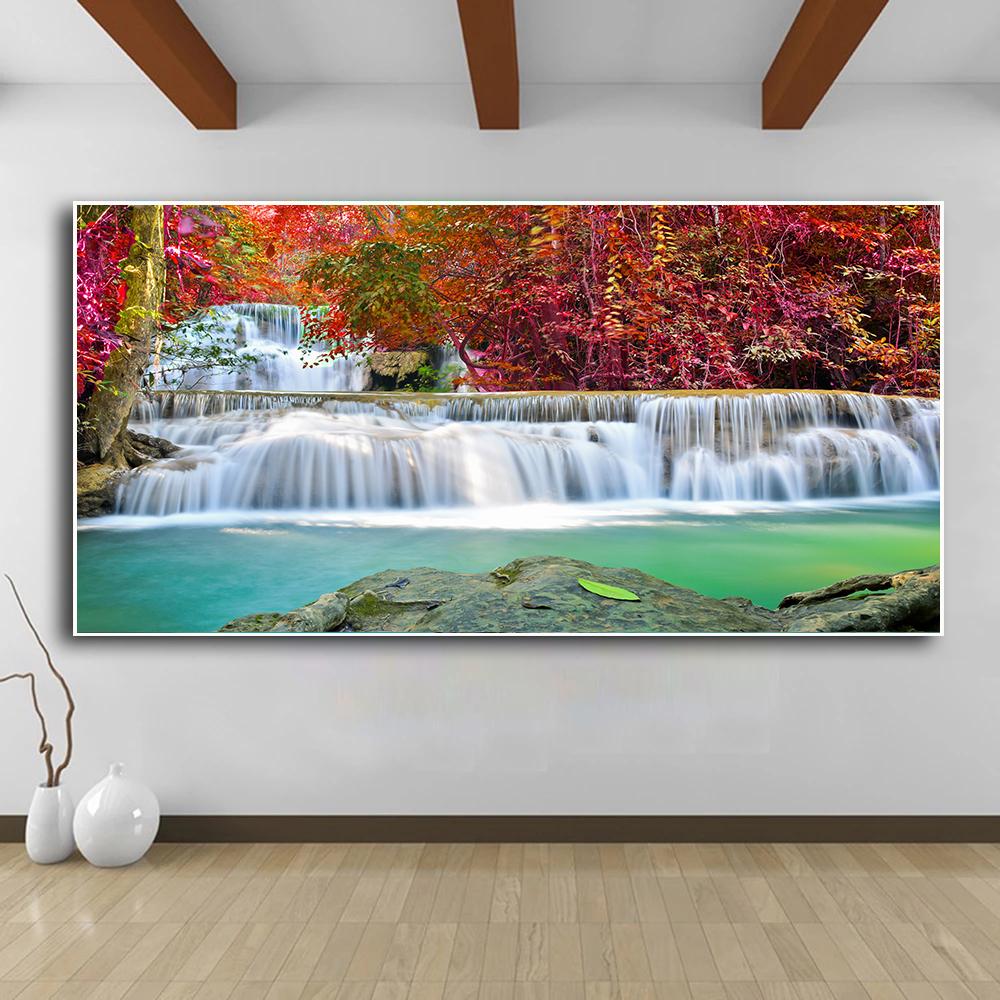Природный пейзаж, водопад, настенные картины, холст, живопись, настенное искусство, зеленое, красное дерево, лес, постеры, принты для декора гостиной