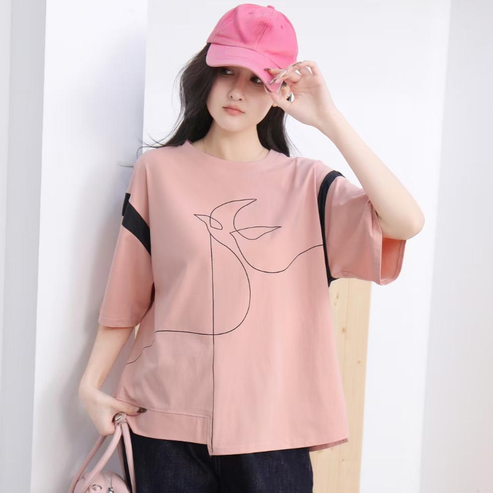 Dimanaf 2025 Летняя хлопковая футболка женская с принтом асимметричная с коротким рукавом свободная