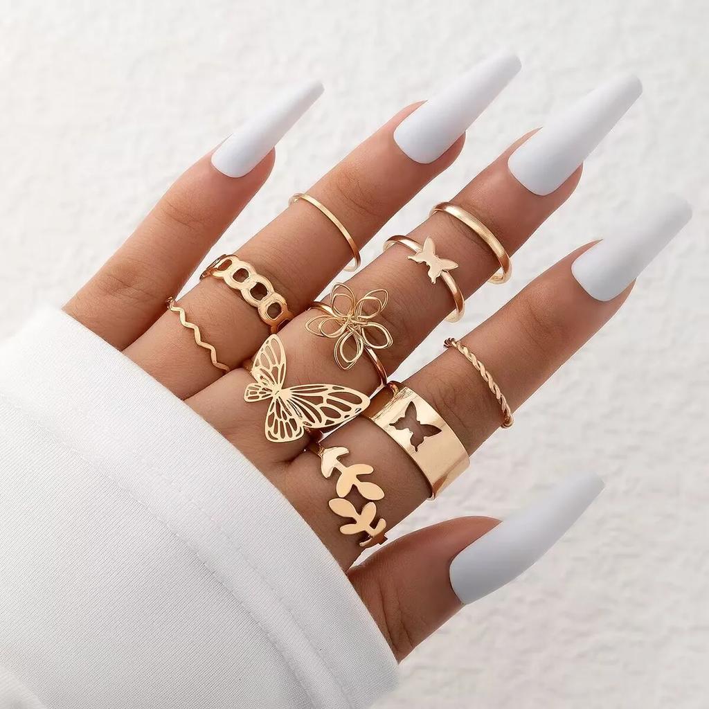 New Unique Design Liquid State Lava Flower Open Mouth Rings for Wonen Baroque Pearl Combination Ring Six-Piece Rings Set Jewelry