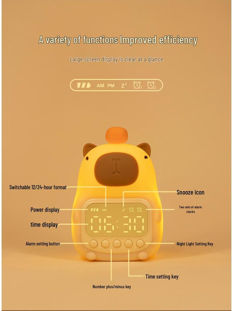 Rechargeable Capybara Silicone Alarm Clock & Dimmable Night Light LED