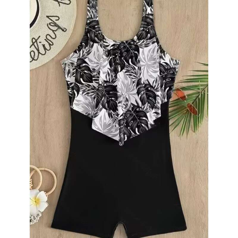 Women's one-piece swimsuit black and white leaf print conservative tank top, boxer shorts, slim fit, vacation swimsuit, backless