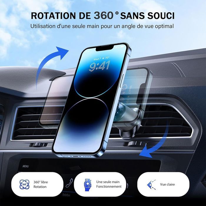 Support Téléphone Voiture Magnétique Universel, Réglable Ajustable Rotation 360° - Noir