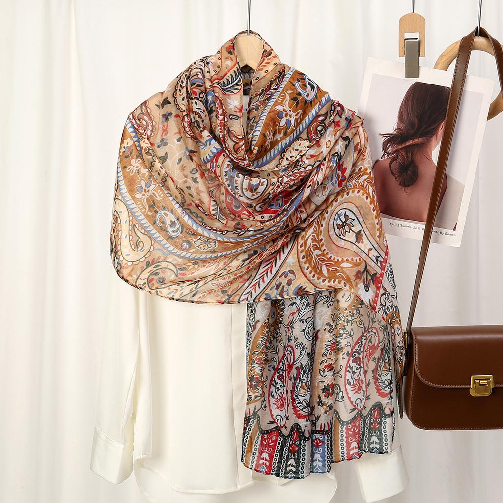 Printed Viscose Cotton Foulard Femme Scarf Floral Muslim Hijabs for Woman Long Thin Shawls and Wraps Travel Sunscreen Stoles