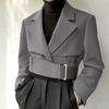 Men Long Sleeve Front Cross Belt Lapel Short Blazer Casual Thin Coats