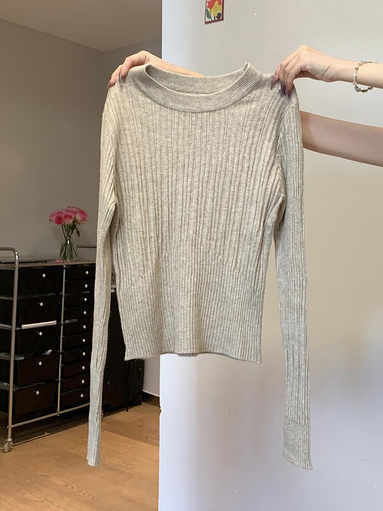 Pit strip crew neck sweater women's spring new thickened slim fit with knitted bottoming shirt short top